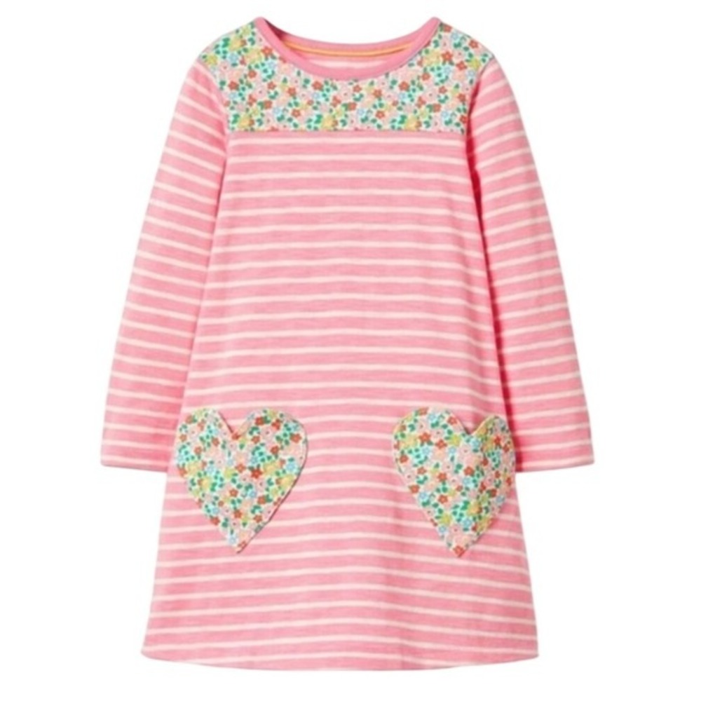 Mini Boden Pink Striped Dress with Floral Heart Pockets